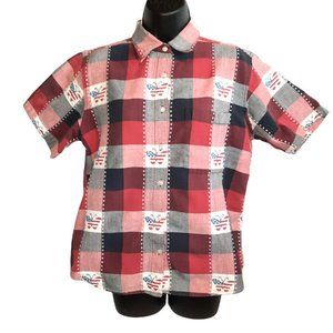 Company One Large Embroidered Butterfly Flag Red White Blue Check Button Up Top